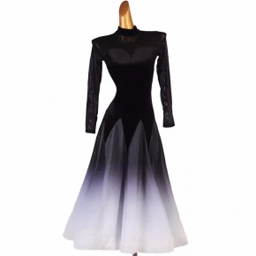Women girls black white gradient ballroom competition dresses waltz tango foxtrot smooth dance long gown large swing skirts mesh sleeves turtle neck